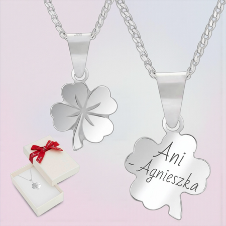 Srebrny naszyjnik koniczynka 925 z grawerem – łańcuszek pancerka, pudełko prezentowe
