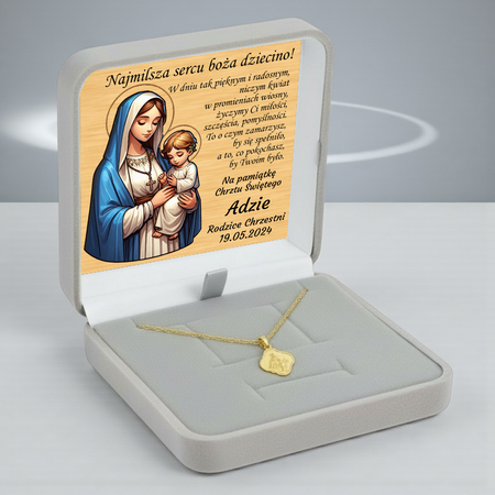 Medalik Szkaplerz złoto 14k próba 585 + łańcuszek Singapur w pudełku z tabliczką dedykacją