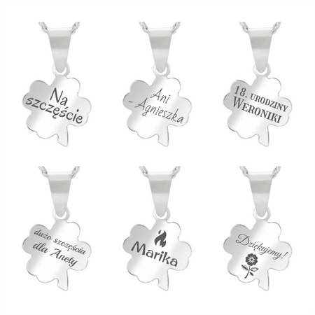 Srebrny naszyjnik koniczynka 925 z grawerem – łańcuszek pancerka + pudełko z dedykacją