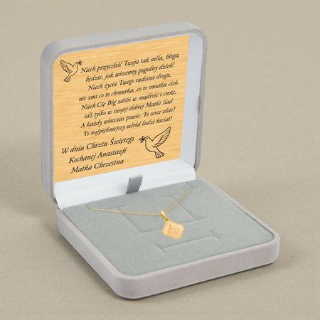 Złoty medalik Szkaplerz 585 z łańcuszkiem ankier diamentowany w szarym pudełku z dedykacją