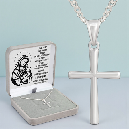 Srebrny krzyżyk z łańcuszkiem pr. 925 Pudełko z dedykacją Prezent na Komunię, na Chrzest, na Bierzmowanie