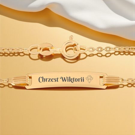 Dziecięca złota bransoletka pr. 585 Brilantata 16 cm 1,1 g z blaszką i grawerem – idealna na chrzest, roczek, komunię