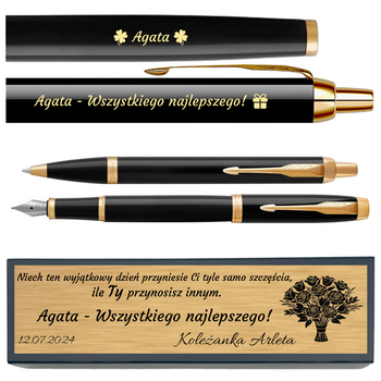 Zestaw Parker IM Czarny GT – Pióro i Długopis z Grawerem, Dedykacja na Pudełku – Personalizowany Prezent dla Nauczyciela, Absolwenta, Promotora