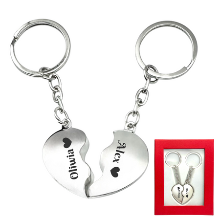 Para breloków dla par – Połówki Serca z Personalizowanym Grawerem GRATIS w Eleganckim Pudełku, Prezent na Walentynki, Rocznicę lub Ślub