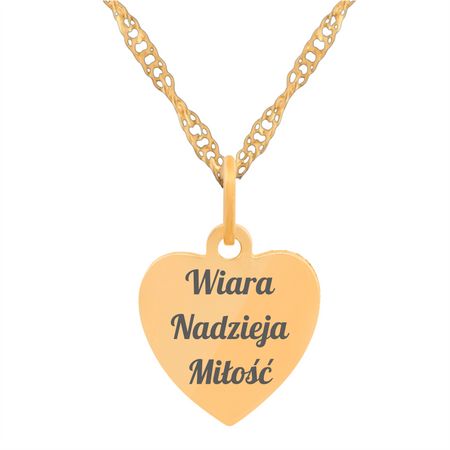 Złoty medalik serce Matka Boska Fatimska + łańcuszek Singapur 585 w kremowym pudełku z atłasem i złotą tabliczką