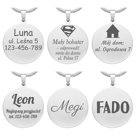 Przywieszka adresówka dla psa w kształcie koła z grawerem, stal nierdzewna