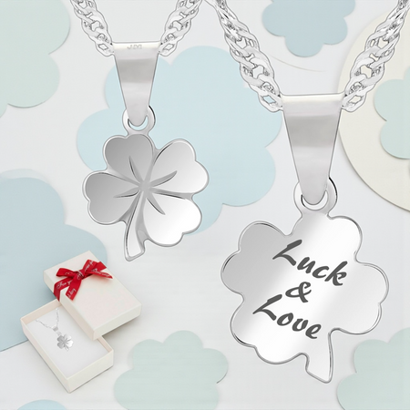 Srebrny naszyjnik koniczynka 925 z grawerem – łańcuszek singapur + pudełko prezentowe