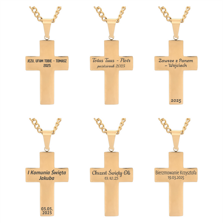 Krzyż stalowy czarno-złoty z grawerem GRATIS – łańcuszek pancerka 60 cm w pudełku prezentowym