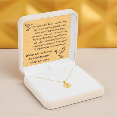 Złoty Medalik 585 z Matką Boską Fatimską w Okręgu – Łańcuszek Ankier w Pudełku z Dedykacją