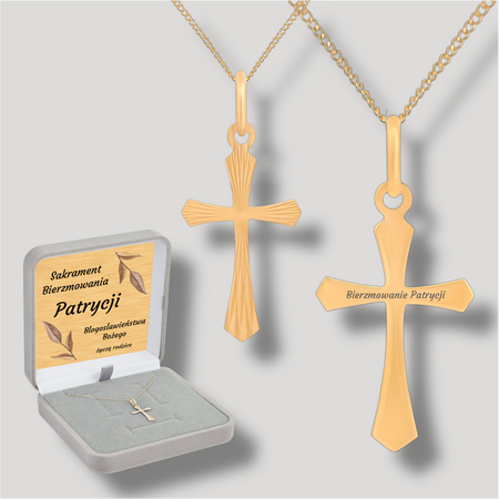 Krzyżyk z łańcuszkiem złoty pr. 585 z grawerem w pudełku welurowym z dedykacją