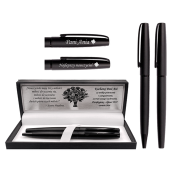 Elegancki Zestaw Piśmienniczy Czarny – Długopis i Pióro Kulkowe w Pudełku z Grawerem i Dedykacją