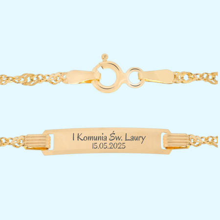 Dziecięca złota bransoletka 585 z blaszką grawerowaną 16 cm 1,2 g w pudełku prezentowym