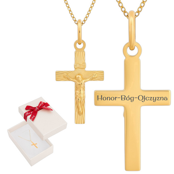 Złoty krzyżyk diamentowany 585 z Jezusem + łańcuszek pancerka 50 cm, pudełko białe, grawer gratis