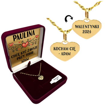 Złoty Naszyjnik Serduszko 585 z Grawerem – Łańcuszek Singapur w Pudełku z Dedykacją