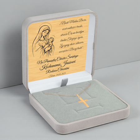 Złoty krzyżyk diamentowany 585 z Jezusem + łańcuszek ankier, pudełko welurowe szare z dedykacją