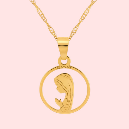 Złoty Medalik 585 z Matką Boską Fatimską w Okręgu – Łańcuszek Singapur w Pudełku z Dedykacją