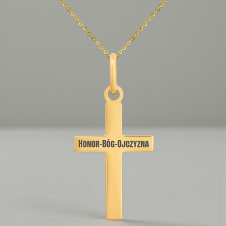 Złoty krzyżyk diamentowany 585 z Jezusem + łańcuszek ankier, pudełko welurowe szare z dedykacją