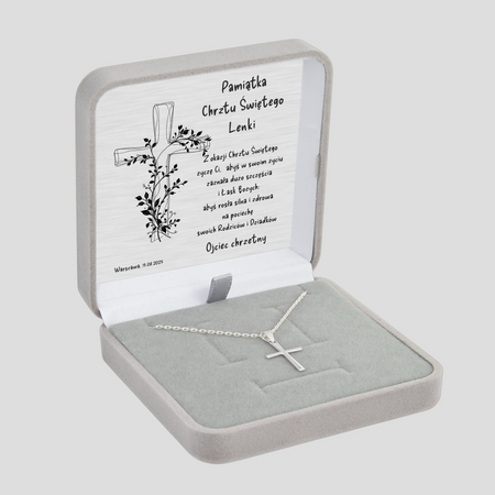 Srebrny krzyżyk z łańcuszkiem pr. 925 Pudełko z dedykacją Prezent na Komunię, na Chrzest, na Bierzmowanie