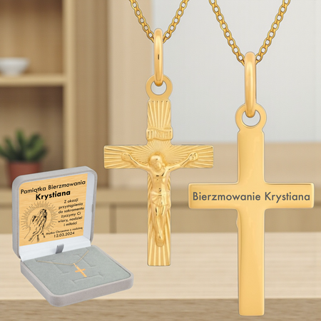 Złoty krzyżyk 585 z Jezusem + łańcuszek pancerka, pudełko welurowe szare, grawer gratis