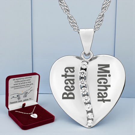 Romantyczny naszyjnik serce srebrne z cyrkoniami, grawer i dedykacja na tabliczce