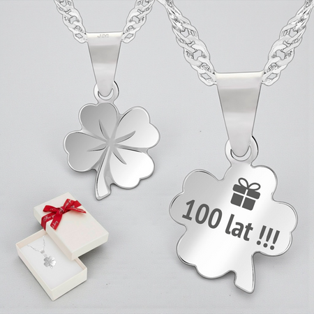 Srebrny naszyjnik koniczynka 925 z grawerem – łańcuszek singapur + pudełko prezentowe