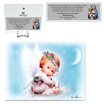 Obrazek malowany na drewnie Twój Anioł Stróż Dedykacja 10×15 cm Prezent na Chrzest