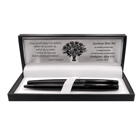 Elegancki Zestaw Piśmienniczy Czarny – Długopis i Pióro Kulkowe w Pudełku z Grawerem i Dedykacją