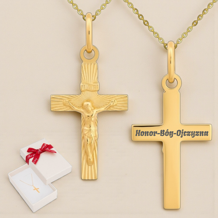 Złoty krzyżyk diamentowany z Jezusem próba 585 z łańcuszkiem ankier i pudełkiem z kokardką + grawer gratis