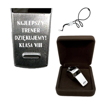Gwizdek metalowy sportowy smycz pudełko Grawer Prezent dla Trenera i Sędziego