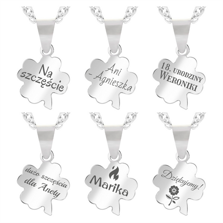 Srebrny naszyjnik koniczynka 925 z grawerem – łańcuszek singapur + pudełko prezentowe