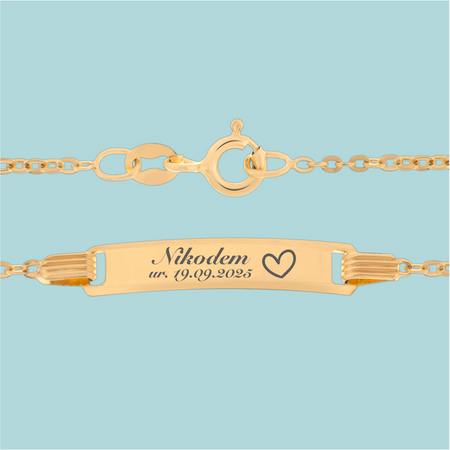 Dziecięca złota bransoletka 585 Brilantata ze splotem i blaszką grawerowaną w pudełku prezentowym