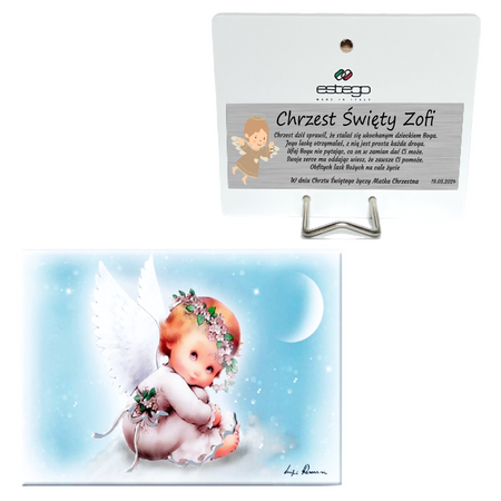Obrazek malowany na drewnie Twój Anioł Stróż Dedykacja 10×15 cm Prezent na Chrzest