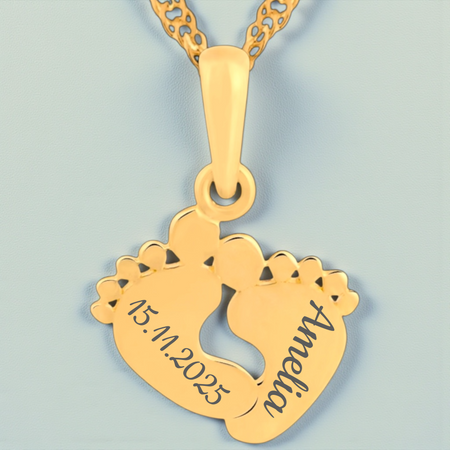Złoty naszyjnik stópki 585 – prezent dla młodej mamy w pudełku z dedykacją