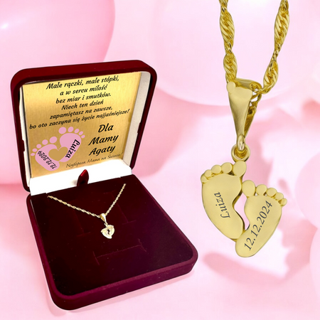 Złoty Naszyjnik Podwójne Stópki 585 z Grawerem – Łańcuszek w Pudełku z Dedykacją