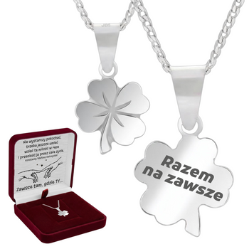 Srebrny naszyjnik koniczynka 925 z grawerem – łańcuszek pancerka + pudełko z dedykacją