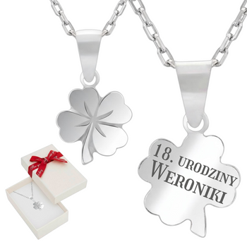 Srebrny naszyjnik koniczynka 925 z grawerem – łańcuszek ankier + pudełko prezentowe