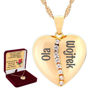 Naszyjnik serce pozłacane dzielone cyrkoniami, grawer gratis + dedykacja na złotej blaszce