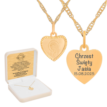 Złoty medalik serce Matka Boska Fatimska + łańcuszek Singapur 585 w kremowym pudełku z atłasem i złotą tabliczką
