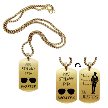 Nieśmiertelnik stalowy złoty z łańcuszkiem 60 cm Grawer Prezent dla Taty i Dziadka, na Urodziny, na Mikołajki, pod Choinkę