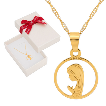 Złoty Medalik z Matką Boską Fatimską w okręgu z Łańcuszkiem Singapur próby 585 – Prezent na Chrzest, Komunię i Bierzmowanie