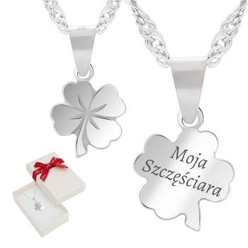 Srebrny naszyjnik koniczynka 925 z grawerem – łańcuszek singapur + pudełko prezentowe