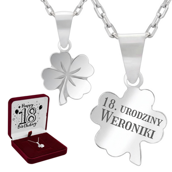 Srebrny naszyjnik koniczynka 925 z grawerem – łańcuszek ankier + pudełko z dedykacją