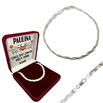 Personalizowana Srebrna Bransoletka Damska 925 Warkocz w Pudełku z Dedykacją - Biżuteria na Prezent na Walentynki, Dzień Matki, Urodziny