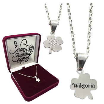 Personalizowany Upominek na Każdą Okazję dla Niej- Prezent Last Minute - Srebrny Naszyjnik Koniczynka 925 z Grawerem i Łańcuszkiem Ankier