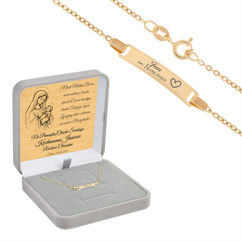 Dziecięca złota bransoletka 585 Brilantata 16 cm z grawerem w szarym pudełku welurowym z dedykacją na złotej tabliczce