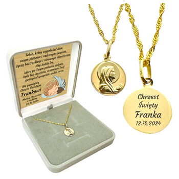 Złoty Medalik 585 z Matką Boską – Łańcuszek Singapur z Grawerem w Pudełku z Dedykacją