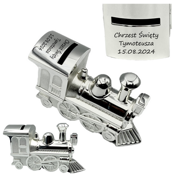 Personalizowana Skarbonka Lokomotywa Zilverstad – Prezent na Chrzest i Roczek