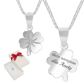 Srebrny naszyjnik koniczynka 925 z grawerem – łańcuszek pancerka, pudełko prezentowe