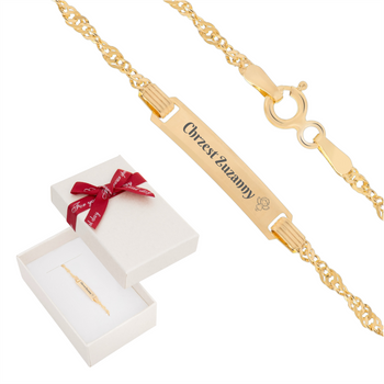 Dziecięca złota bransoletka 585 z blaszką grawerowaną 16 cm 1,2 g w pudełku prezentowym