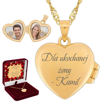Elegancki naszyjnik sekretnik serce 925 pozłacane, pudełko welurowe z dedykacją – grawer gratis